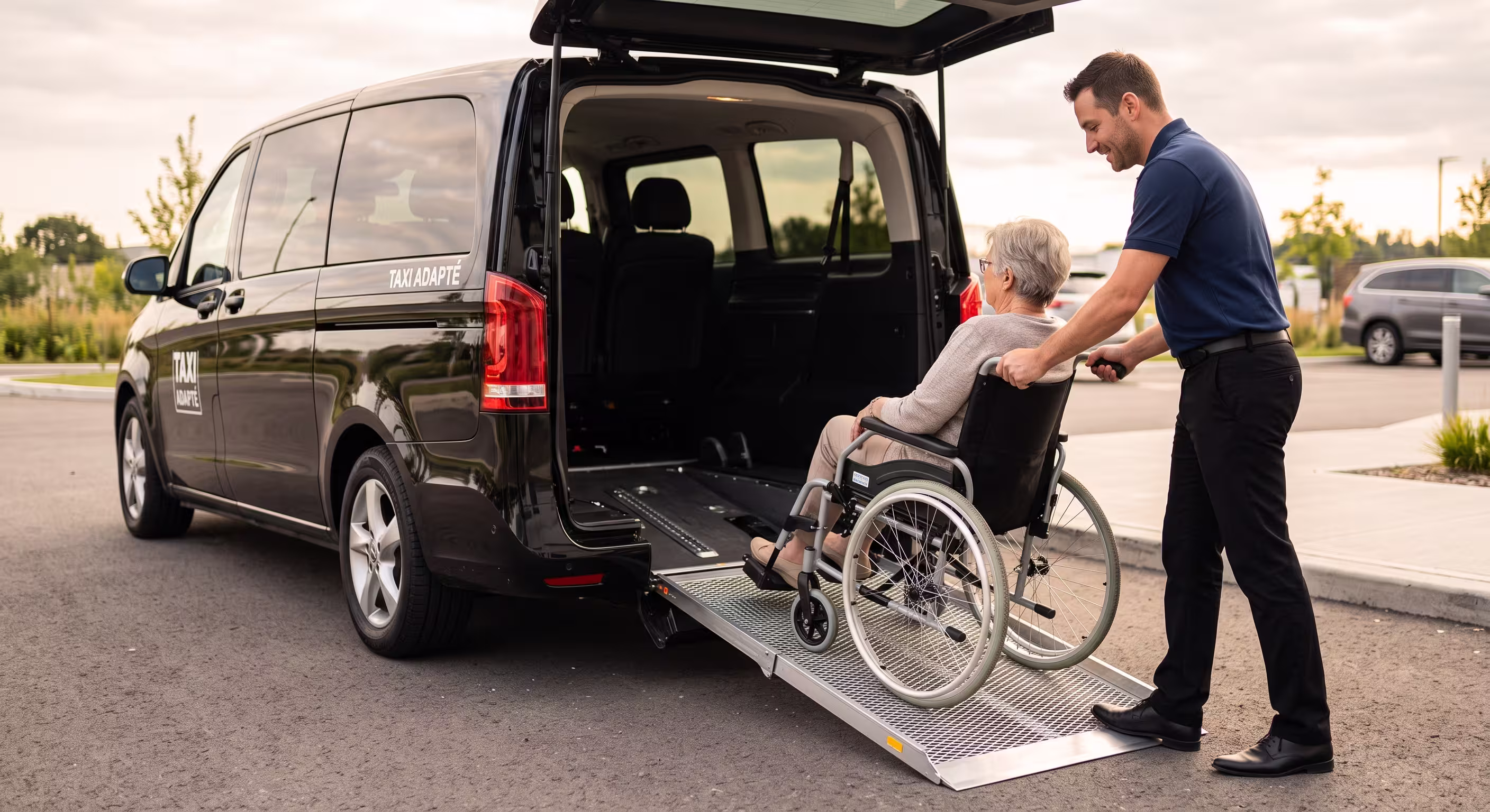 Véhicule Taxi Oyonnax adapté au transport de personnes à mobilité réduite (TPMR) en fauteuil roulant